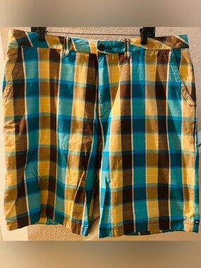 Men's Plaid Flat Front Shorts - Turquoise, Yellow & Brown